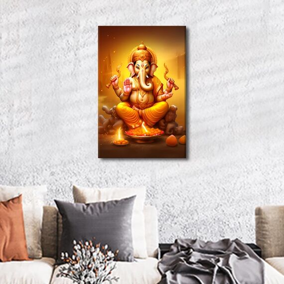 TISHIRON Modernes indisches Ganesha-Ölgemälde auf Leinwand, Wandkunst für Wohnzimmer, Schlafzimmer, Büro – Hindu-Gott, religiöses gerahmtes Kunstwerk – Hausdekoration, 61 x 40,6 cm