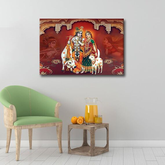 TISHIRON 1 Stück Radha Krishna Moderne Wohnkultur Leinwand Wandkunst für Schlafzimmer, indische Hindu-Götter Poster und Drucke, religiöses Gemälde, Bild, Büro, Wanddekoration, gerahmt, fertig zum