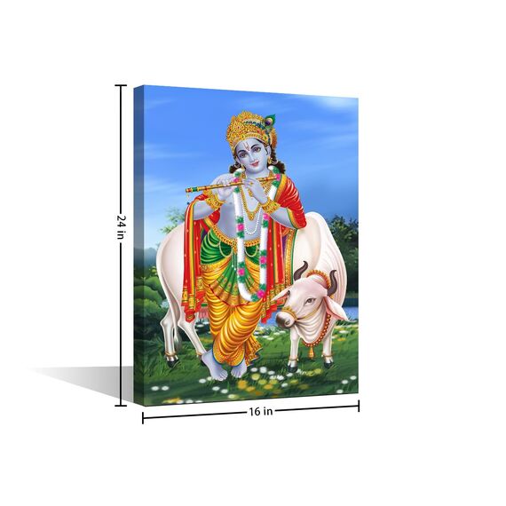 Lord Krishna Wandkunst Hindu-Götter für Schlafzimmer, Lord Krishna mit Flöte und Kuh, Poster auf Leinwand, Hinduismus, Heimdekoration, 1 Stück, Wandkunst für Wohnzimmer, fertig zum Aufhängen, 40,6 x