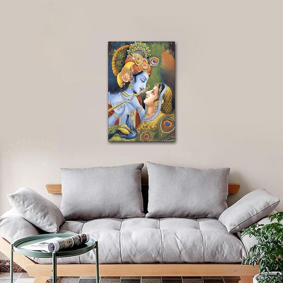 Wanddekorationen für Wohnzimmer, Motiv: Indischer Gott, Radha Krishna, Bilder für Schlafzimmer, 1 Stück, Pfauenfedern, Leinwand, Wandkunst, Heimdekoration, gerahmt, in Galerie, gespannt, fertig zum