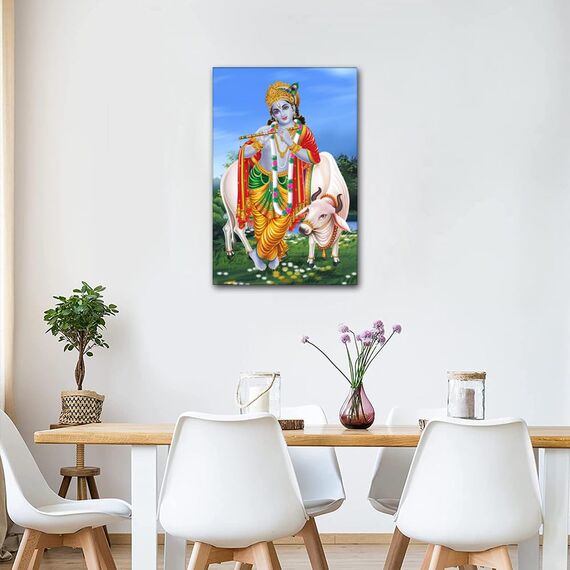 Lord Krishna Wandkunst Hindu-Götter für Schlafzimmer, Lord Krishna mit Flöte und Kuh, Poster auf Leinwand, Hinduismus, Heimdekoration, 1 Stück, Wandkunst für Wohnzimmer, fertig zum Aufhängen, 40,6 x