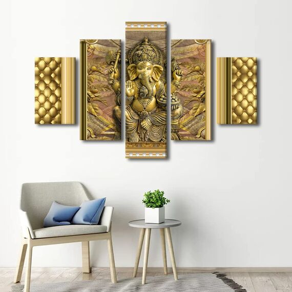 TUMOVO Leinwanddruck, Motiv: Goldener Ganesha, Motiv: indischer Gott, Gemälde für Wohnzimmer, Hindu-Gläubige, moderne Leinwandkunst, gerahmt, Hausdekoration für Schlafzimmer, Büro, fertig zum