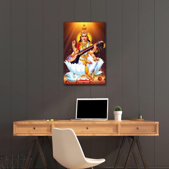 Schlafzimmer-Dekor, Maa Saraswati, Wandkunst, indischer Gott, Poster auf Leinwand, 1 Stück, Göttin, Wanddekoration, Heimdekoration für Wohnzimmer, Büro, Badezimmer, gerahmt, fertig zum Aufhängen, 40,6