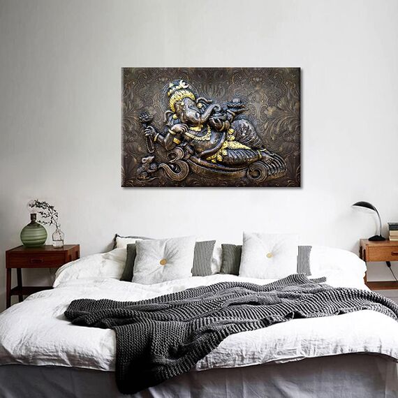 1 Stück Wandkunst für Wohnzimmer Elefant Poster Drucke auf Leinwand Lord Ganesha Wanddekorationen Modern Indian God Home Decor Modern Artwork gespannt und gerahmt fertig zum Aufhängen (61 cm Bx91 cm