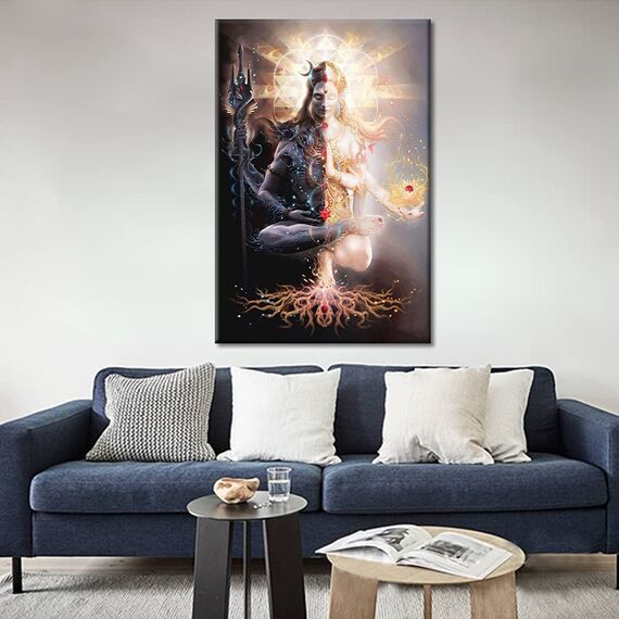 TISHIRON Schlafzimmer-Dekoration, Wandkunst, Lord Shiva, Wanddekoration, Hinduismus, Hinduistische Götter, Wanddekoration für Wohnzimmer, Schlafzimmer, gerahmt, fertig zum Aufhängen (61 cm Bx91 cm H)