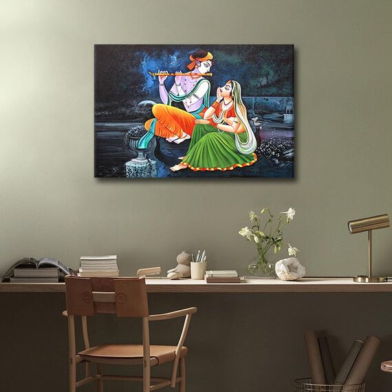 Radha Krishna Bilder für Wohnzimmer, Hinduismus, Leinwand, Wandkunst, Hausdekoration, indischer Gott, moderne Büro-Wanddekoration, Flöte, Hindu-Religion, gerahmt, große Wandkunst für Zuhause,