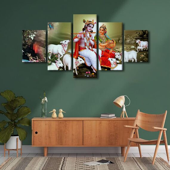 TUMOVO Lord Radha Krishna Wandkunst für Wohnzimmer, Indien, religiöse Gemälde auf Leinwand, Hindu-Gott, Bilder, 5 Paneele, modernes Kunstwerk, Heimdekoration, Poster, Drucke, gerahmt, aufgespannt,
