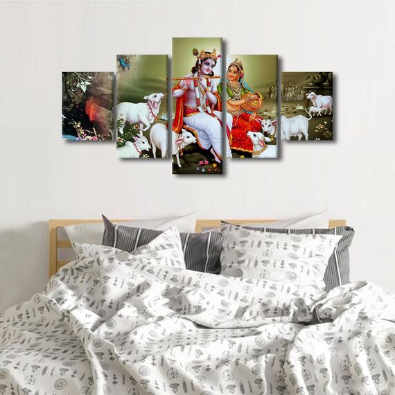 TUMOVO Lord Radha Krishna Wandkunst für Wohnzimmer, Indien, religiöse Gemälde auf Leinwand, Hindu-Gott, Bilder, 5 Paneele, modernes Kunstwerk, Heimdekoration, Poster, Drucke, gerahmt, aufgespannt,