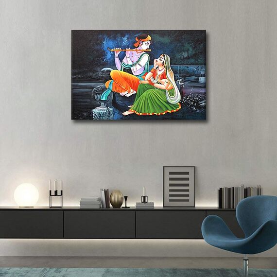 Radha Krishna Bilder für Wohnzimmer, Hinduismus, Leinwand, Wandkunst, Hausdekoration, indischer Gott, moderne Büro-Wanddekoration, Flöte, Hindu-Religion, gerahmt, große Wandkunst für Zuhause,