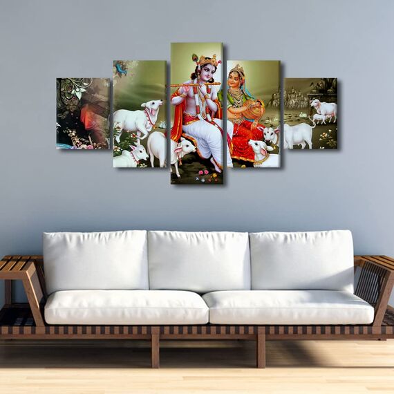 TUMOVO Lord Radha Krishna Wandkunst für Wohnzimmer, Indien, religiöse Gemälde auf Leinwand, Hindu-Gott, Bilder, 5 Paneele, modernes Kunstwerk, Heimdekoration, Poster, Drucke, gerahmt, aufgespannt,