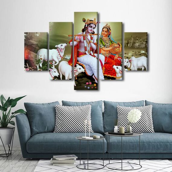 TUMOVO 5 Paneele Lord Radha Krishna Wandkunst für Zuhause Wanddekoration Hinduismus Leinwand Wandkunst, Hindu-Gott Poster Drucke Indien religiöse Bilder für Heimdekoration Wohnzimmer, 152.4 cm Bx40 H