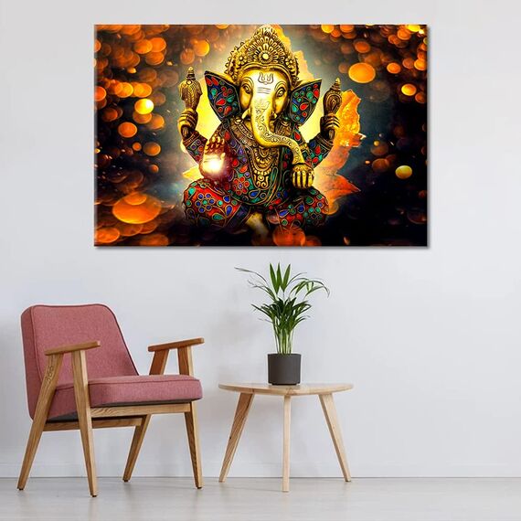 TISHIRON Ganesha Leinwand-Kunst, 1 Stück, Wandgemälde, Hindu-Gott-Bilder für Schlafzimmer, moderne Kunstwerke, Heimdekorationen, Poster und Drucke, mit Holzrahmen und gespannt, fertig zum Aufhängen,