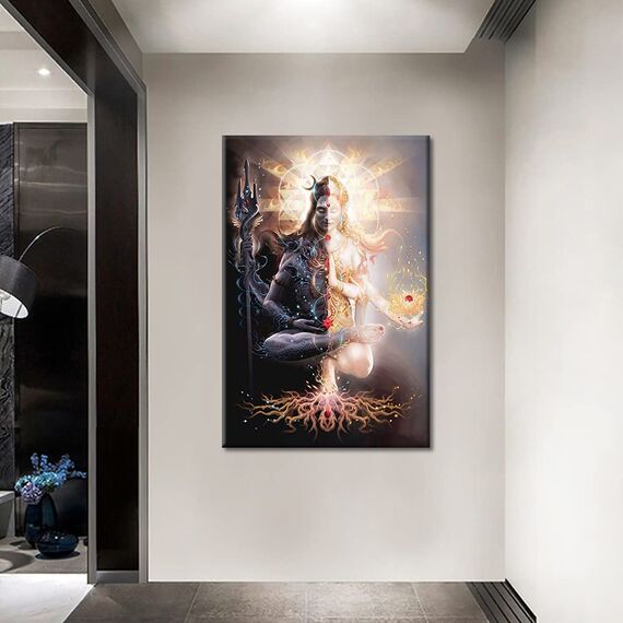 TISHIRON Schlafzimmer-Dekoration, Wandkunst, Lord Shiva, Wanddekoration, Hinduismus, Hinduistische Götter, Wanddekoration für Wohnzimmer, Schlafzimmer, gerahmt, fertig zum Aufhängen (61 cm Bx91 cm H)