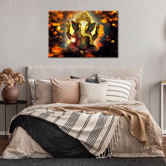 TISHIRON Ganesha Leinwand-Kunst, 1 Stück, Wandgemälde, Hindu-Gott-Bilder für Schlafzimmer, moderne Kunstwerke, Heimdekorationen, Poster und Drucke, mit Holzrahmen und gespannt, fertig zum Aufhängen,