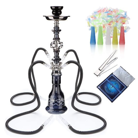 54,9 cm Shisha Komplettset 2-4 Schlauch Premium Shisha Set mit Glasvase, Keramikschale und Kohlezange Aschenbecher (4-schwarz)