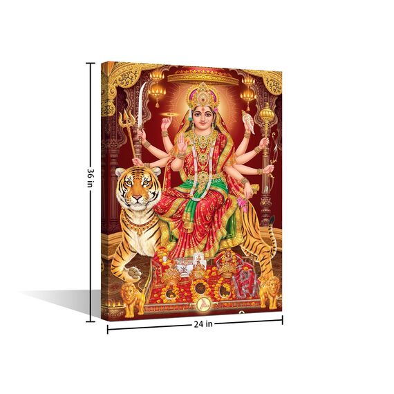 TISHIRON Durga Mata Leinwand-Kunst, Hindu-Gott mit buntem Hintergrund, Bilder, Poster, Wanddekorationen für Wohnzimmer, Schlafzimmer, Zuhause, Wände, gerahmt, fertig zum Aufhängen, 91,4 x 61 cm