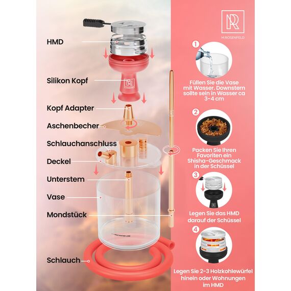 M. ROSENFELD Mini Shisha To Go mit Tasche & Premium Zubehör [Shisha Kopf Set mit HMD Smokebox + Schlauch + Mundstück] Edelstahl Tauchrohr Diffusor & Acryl Kleine Bowl - Shisha Roségold