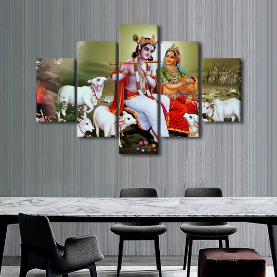 TUMOVO 5 Paneele Lord Radha Krishna Wandkunst für Zuhause Wanddekoration Hinduismus Leinwand Wandkunst, Hindu-Gott Poster Drucke Indien religiöse Bilder für Heimdekoration Wohnzimmer, 152.4 cm Bx40 H