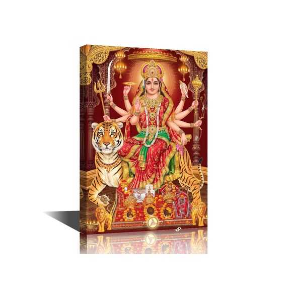 TISHIRON Durga Mata Leinwand-Kunst, Hindu-Gott mit buntem Hintergrund, Bilder, Poster, Wanddekorationen für Wohnzimmer, Schlafzimmer, Zuhause, Wände, gerahmt, fertig zum Aufhängen, 45,7 x 30,5 cm