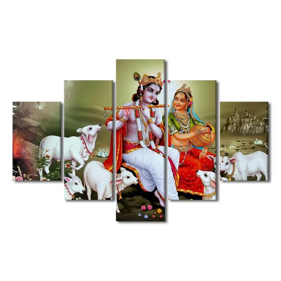 TUMOVO 5 Paneele Lord Radha Krishna Wandkunst für Zuhause Wanddekoration Hinduismus Leinwand Wandkunst, Hindu-Gott Poster Drucke Indien religiöse Bilder für Heimdekoration Wohnzimmer, 152.4 cm Bx40 H