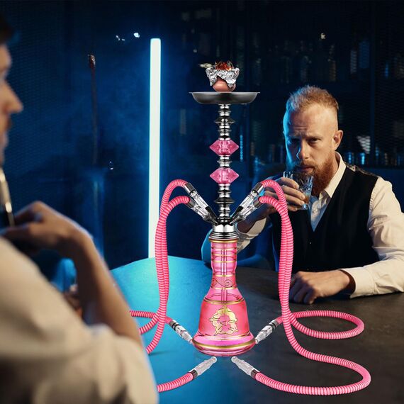 Shisha Set 51cm mit 4 Schläuchen mit Glas Shisha-Vase inklusive 50 Einwegspitzen und 50 vorgebohrten Aluminiumklingen (Rosa)