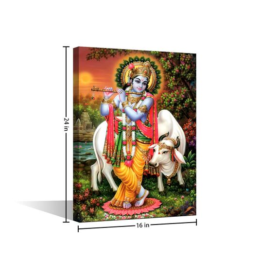 Wanddekoration für Schlafzimmer, indischer Gott, Wandkunst Lord Krishna, Heimdekoration, 1 Stück, indische religiöse Bilder für Schlafzimmer, Wohnzimmer, Esszimmer, gespannt mit Holzrahmen, fertig zum