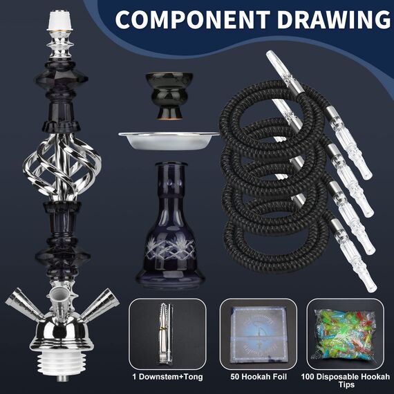 54,9 cm Shisha Komplettset 2-4 Schlauch Premium Shisha Set mit Glasvase, Keramikschale und Kohlezange Aschenbecher (4-schwarz)