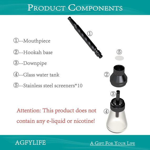 AGFYLIFE Premium Mini Hookah - Tragbares Wasserpfeifen-Set für Reisen - Schwarz, Glas Aluminium