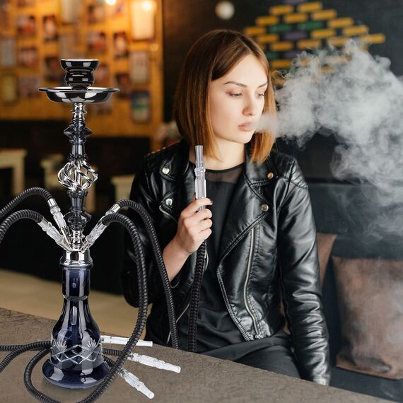 54,9 cm Shisha Komplettset 2-4 Schlauch Premium Shisha Set mit Glasvase, Keramikschale und Kohlezange Aschenbecher (4-schwarz)