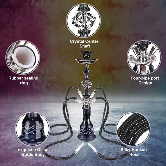 54,9 cm Shisha Komplettset 2-4 Schlauch Premium Shisha Set mit Glasvase, Keramikschale und Kohlezange Aschenbecher (4-schwarz)