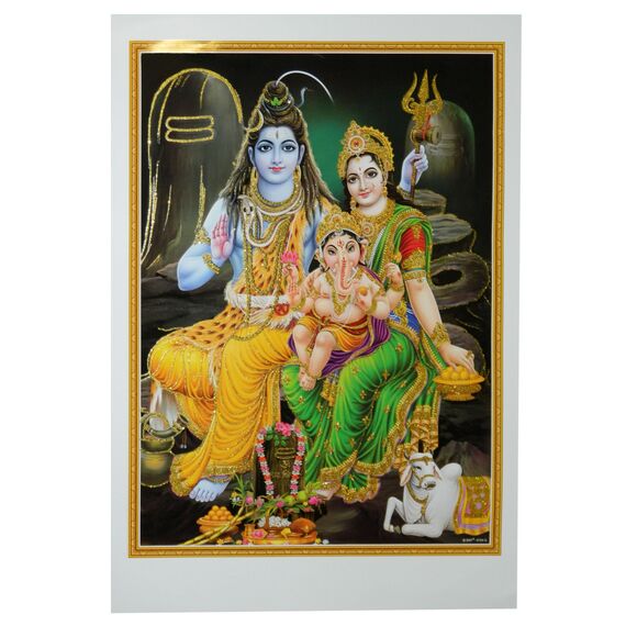 indischerbasar.de Bild Shiva & Parvati mit Ganesha 50 x 70 cm Gottheit Hinduismus Kunstdruck Plakat Poster Gold Indien Hochglanz Dekoration