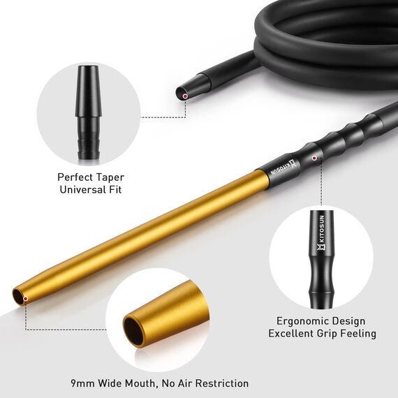 Kitosun D-Hose Shisha Schlauch und Mundstück - Premium Shisha Zubehör 34 cm lang abnehmbares Aluminium Mundstück | 1,5 Meter Silikonschlauch | Shisha Adapter | Knickschutzfeder | Silizium-Tülle (Gold)