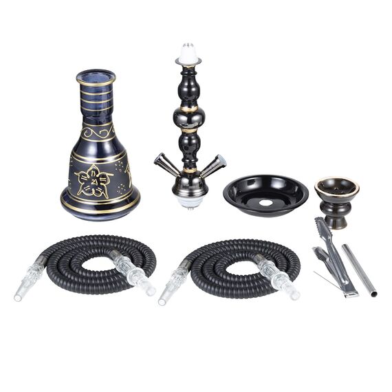 Wasserpfeifen-Set aus Aluminium, 50,8 cm, 2 Schläuche, Premium-Shisha-Set mit Glasvase, Keramikschüssel und Kohlezange, Aschenbecher (schwarz)