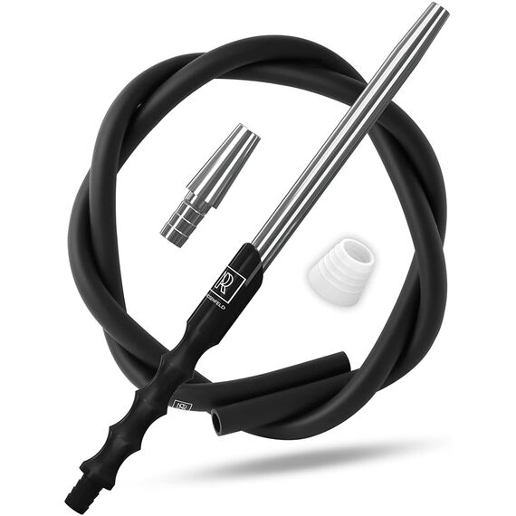 M. ROSENFELD Shisha Schlauch mit Mundstück – 150cm Soft-Touch Shisha Schlauch Set Matt (lebensmittelecht) inkl. Shisha Adapter + langes 40cm Ergo Aluminium Shisha Mundstück Shisha Set Schwarz Silber