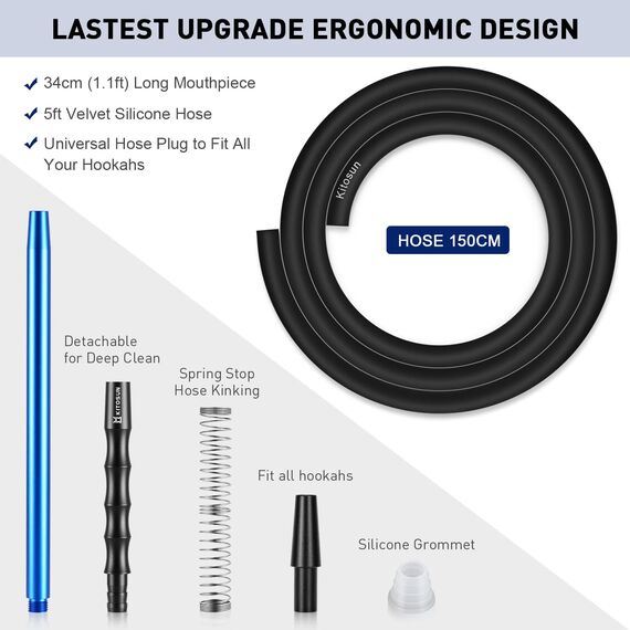 Kitosun D-Hose Shisha Schlauch und Mundstück - Shisha Zubehör 34 cm lang abnehmbares Aluminium Mundstück | 1,5 Meter Silikonschlauch | Shisha Adapter | Knickschutzfeder | Silizium-Tülle (schwarz)