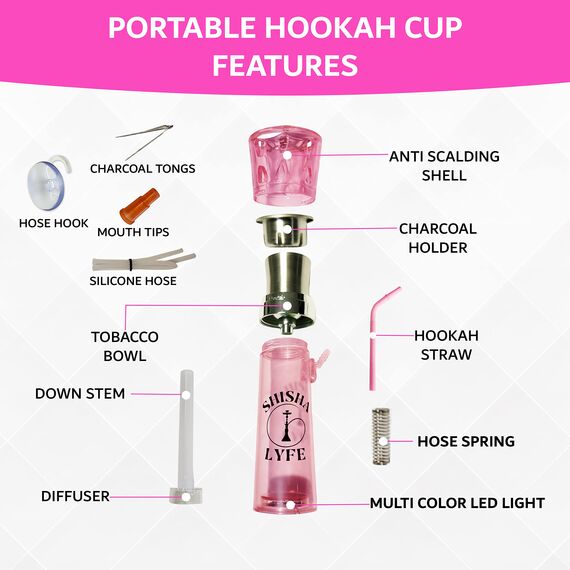 SHISHA LYFE Portable Mini-Hookah Cup Set - Transparent (Pink) Shisha für Auto & Hookups mit LED-Lichtern, Silikonschlauchrohr, Anti-Scald, Kohleholder, Tong, wiederverwendbarer Straw mit Abdeckung