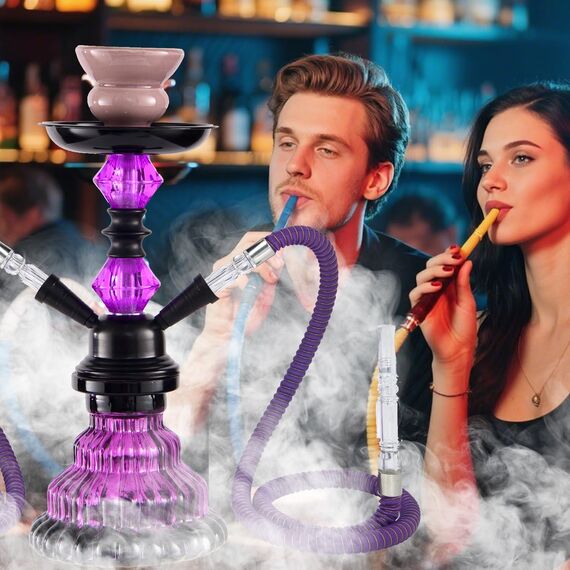 30.5 cm 2 Schlauch Hookah Set mit Alles Glas Shisha Vase mit 50x Folienschale 50x Spitzen 2x Mundstück 2x Schlauchzange Kit (Lila)