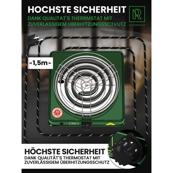 M. ROSENFELD Shisha Kohleanzünder für Shisha Kohle - Elektrischer Kohleanzünder BLACK HEAT 1000W + Shisha Zubehör Set Edelstahl Kohle Gitter & Shisha Zange Kohlegrill Shisha 150cm Kabel (Grün)