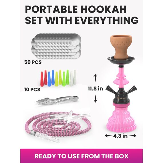 Shisha Set Klein mit 2 Schläuche - 30cm Rosa Mini Shisha - 2 Schlauch Shisha mit shisha zubehör 50x Folie + Shisha Tonkopf + 10x Spitzen 2x Mundstück Zange Tragbares Shisha Set mit allem Shisha-Kit
