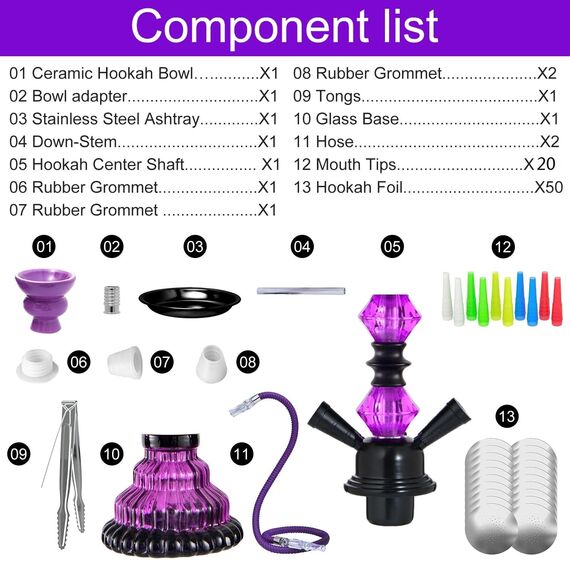 30.5 cm 2 Schlauch Hookah Set mit Alles Glas Shisha Vase mit 50x Folienschale 50x Spitzen 2x Mundstück 2x Schlauchzange Kit (Lila)