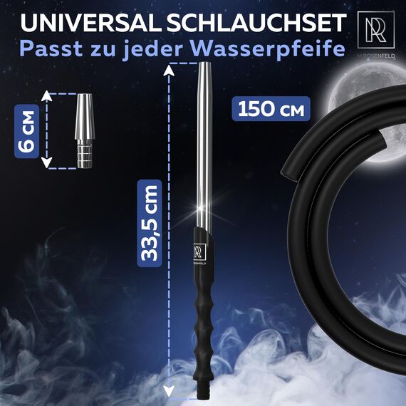 M. ROSENFELD Shisha Schlauch mit Mundstück – 150cm Soft-Touch Shisha Schlauch Set Matt (lebensmittelecht) inkl. Shisha Adapter + langes 40cm Ergo Aluminium Shisha Mundstück Shisha Set Schwarz Silber