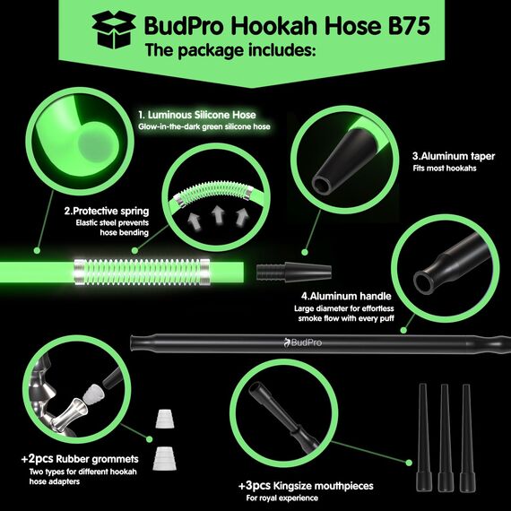 Langer Wasserpfeifenschlauch B75G, leuchtet im Dunkeln, mit Silikon-Shisha-Schlauch und Aluminiumgriff und Anti-Flex-Feder, Glow Hookah Kit (leuchtend)