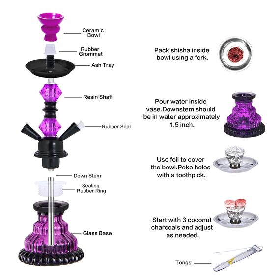 30.5 cm 2 Schlauch Hookah Set mit Alles Glas Shisha Vase mit 50x Folienschale 50x Spitzen 2x Mundstück 2x Schlauchzange Kit (Lila)
