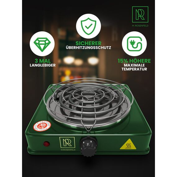 M. ROSENFELD Shisha Kohleanzünder für Shisha Kohle - Elektrischer Kohleanzünder BLACK HEAT 1000W + Shisha Zubehör Set Edelstahl Kohle Gitter & Shisha Zange Kohlegrill Shisha 150cm Kabel (Grün)