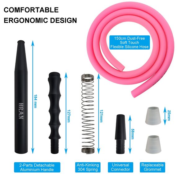 HRAN 100% waschbares mattes Silikon Shisha Schlauch Set Komplett mit Zubehör 1,5 Meter Edelstahl Shisha Schlauch Abnehmbarer Aluminiumgriff Mundstück Adapter Anti-Biegungsfeder (Rosa)