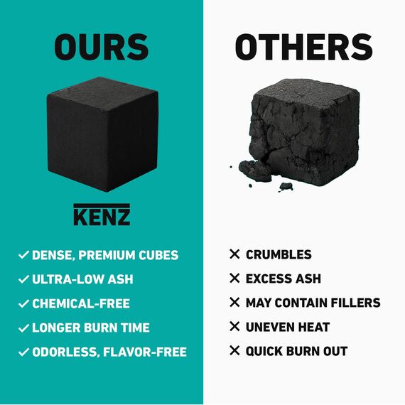 KENZ Kohlewürfel, 25 mm niedrige Asche-Kokosnusskohlebriketts, 100 % natürliche Kokosnussschalen, völlig geruchs- und chemikalienfrei, genießen Sie eine längere heiße Brenndauer, 72 Würfel