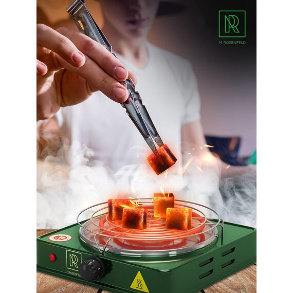 M. ROSENFELD Shisha Kohleanzünder für Shisha Kohle - Elektrischer Kohleanzünder BLACK HEAT 1000W + Shisha Zubehör Set Edelstahl Kohle Gitter & Shisha Zange Kohlegrill Shisha 150cm Kabel (Grün)