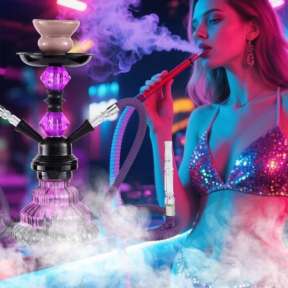 30.5 cm 2 Schlauch Hookah Set mit Alles Glas Shisha Vase mit 50x Folienschale 50x Spitzen 2x Mundstück 2x Schlauchzange Kit (Lila)