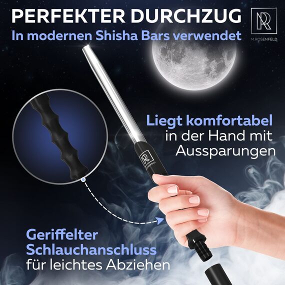 M. ROSENFELD Shisha Schlauch mit Mundstück – 150cm Soft-Touch Shisha Schlauch Set Matt (lebensmittelecht) inkl. Shisha Adapter + langes 40cm Ergo Aluminium Shisha Mundstück Shisha Set Schwarz Silber