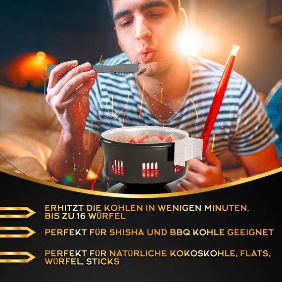 M. ROSENFELD Shisha Kohleanzünder Elektrisch – FIRE Tower 3.0 Kohlenanzünder mit extra langem 150cm Kabel, abnehmbarem Kohlekorb und 2 Zangen. 304er Stahl Spirale für längere Haltbarkeit (Schwarz)